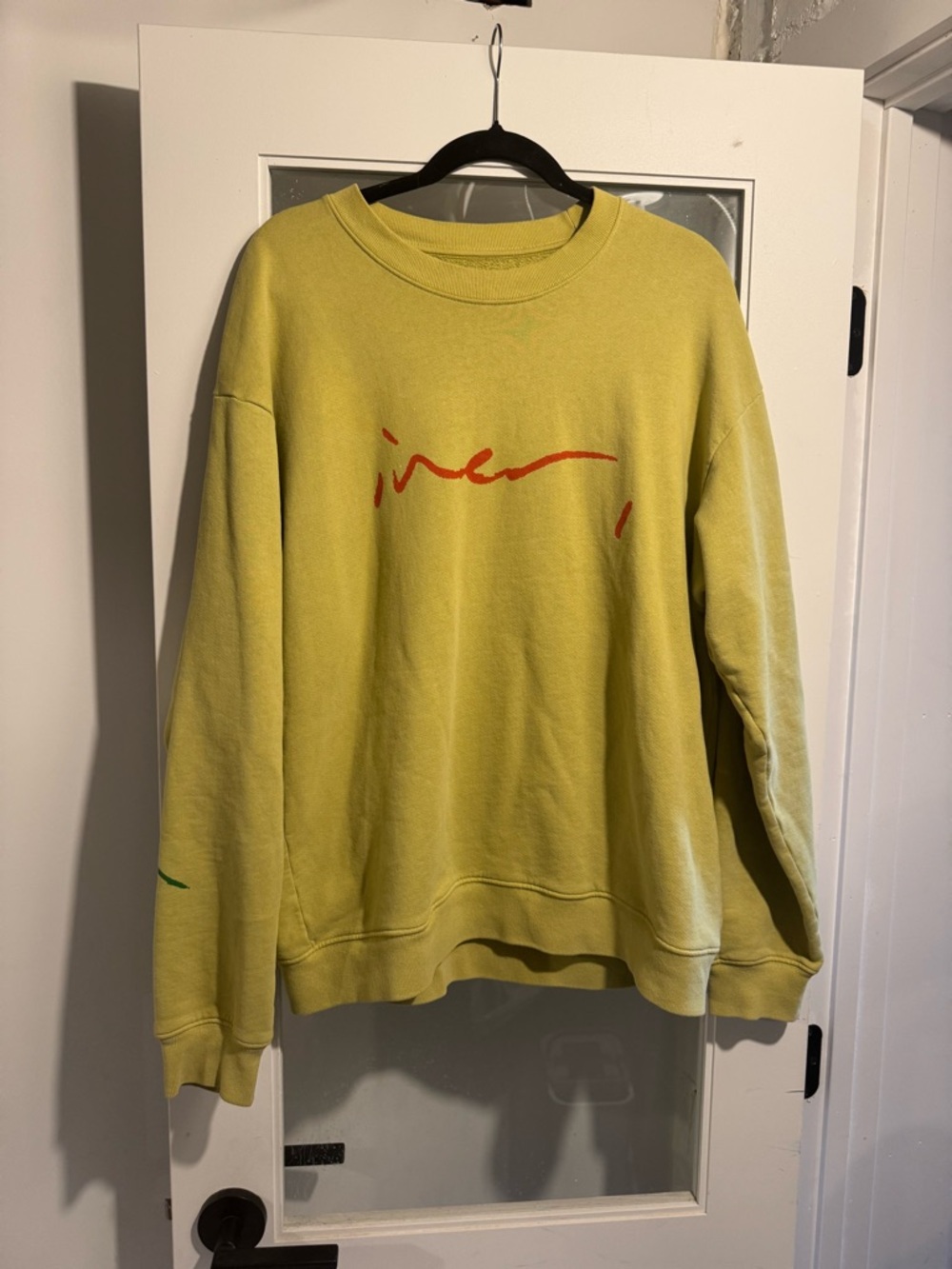 Bon Iver Merch Yellow Green Oversized Crewneck Sweatshirt with Red Script
